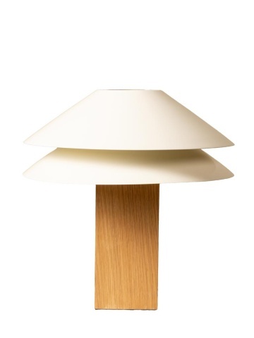 Lampă de masă din bumbac bej cu structură din furnir de stejar și metal cromat, abajur dublu, finisaj natural, 50×35 cm, „Doppia"