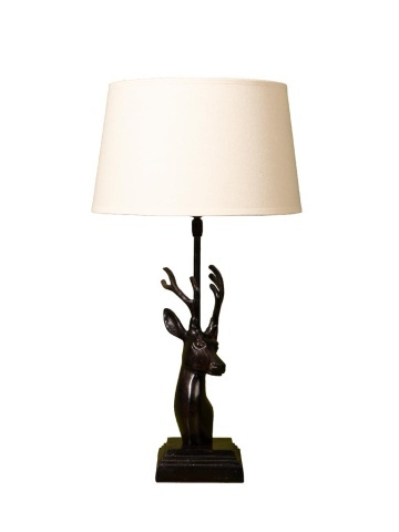 Lampă de masă din bumbac și in bej, cu structură din aluminiu negru în formă de cap de cerb, finisaj vintage, 55×30 cm, „Ardenne"