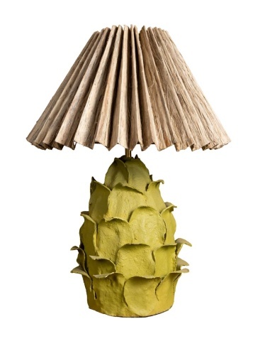 Lampă de masă din hârtie mâché, în formă de anghinare, verde, cu abajur plisat din iută naturală, stil etnic, 67,5 x Ø 50 cm, „Artyso”