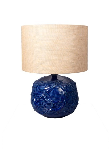 Lampă de masă din iută naturală, cu structură din ceramică albastră, finisaj lucios, 51×38 cm, „Azula"