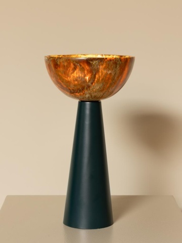 Lampă de masă din rășină maro cu structură din metal kaki, abajur în formă de cupă, finisaj lucios, 35×23 cm, „Toralia" - Img 4