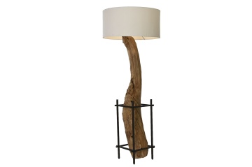 Lampadar din lemn de tec lucrat manual, natur, cu picior sculptat și raft din metal negru, finisaj natural, 200 x 75 x 75 cm, „Valencay”