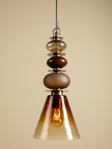 Lustră din sticlă texturată camel cu structură din alamă antichizată cu elemente sferice decorative, formă conică, 65 × 29 cm, „Astrolab" - Img 3