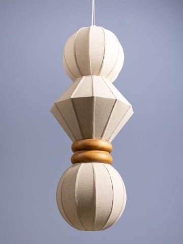 Lustra suspendată din bumbac și in, natur, cu structură din lemn, formă geometrică, 95x38 cm, „Lumea" - Img 3