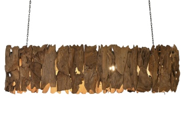 Lustră suspendată din lemn de tec lucrat manual și metal, natur și negru, 40 x 160 x 30 cm, „Pierrefonds”