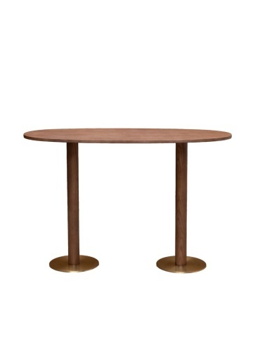 Masă bar din lemn de stejar și metal, ovală, cu picior disc auriu, natur, finisaj satinat, 160×60×107 cm, „Barrio" - Img 1