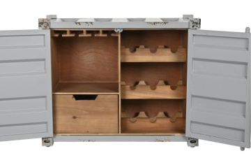 Masă consolă industrială din metal, gri, cu 2 uși, sertar, suporturi pentru sticle și colțare metalice, finisaj antichizat, 64 x 77 x 41 cm, „Cargo” - Img 3