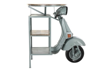 Masă consolă industrială din metal și lemn de mango, verde, cu blat rotund, 3 rafturi și formă de motocicletă, 111 x 116 x 72 cm, „Dusty Mint” - Img 6