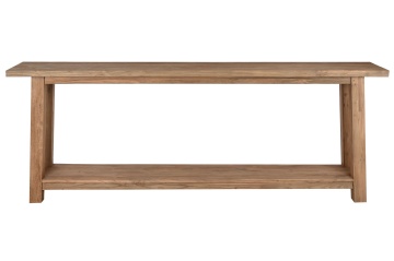 Masă consolă rustică din lemn de tec reciclat, natur, cu raft jos pe toată lungimea și picioare masive, 90 x 240 x 46 cm, „Margaux” - Img 2