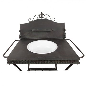Masă consolă vintage din metal, maro, cu lighean alb, raft, bare laterale și creastă cu floare de crin, 114 x 72 x 48 cm, „Lavandiere” - Img 2