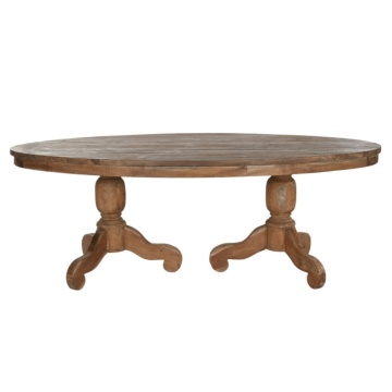 Masă dining sculptată ovală din lemn de tec, natur, 10 locuri, cu două coloane strunjite, 78 x 220 x 110 cm, „Aurea”