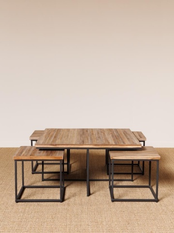 Măsuță de cafea cu scaune, pătrată, din lemn de tec, natur, set cu 4 taburete și cadru din metal negru, 40 x 90 x 90 cm, „Pocket” - Img 6