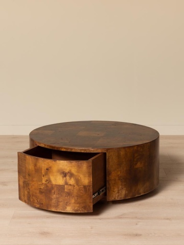 Măsuță de cafea din lemn masiv, rotundă, cu 1 sertar, maro antichizat, finisaj lucios, 90.5×34 cm, „Blurr" - Img 2