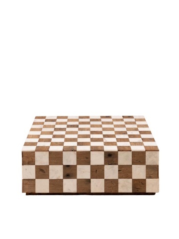 Măsuță de cafea din marmură și lemn reciclat, cu model în carouri, alb și natur, finisaj mat, 100×100×30 cm, „Kadrie" - Img 1