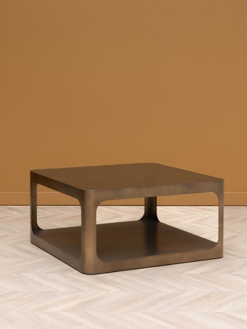 Măsuță de cafea metalică cu blat din sticlă, formă rotunjită, finisaj auriu antichizat, 90x90x45 cm, „Lexton" - Img 2