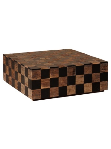 Măsuță de cafea pătrată din lemn reciclat și marmură, natur și negru, model tablă de șah, finisaj mat, 33 x 90 x 90 cm, „Kadrie”