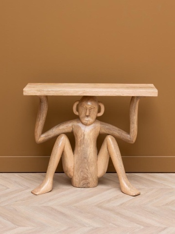 Măsuță laterală din lemn masiv de mango, natur, cu blat dreptunghiular susținut de o sculptură de maimuță cioplită manual, finisaj natural, 61×29×30,5 cm, „Atlas" - Img 5