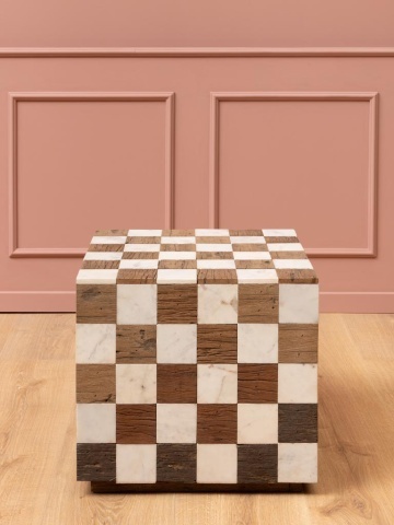 Măsuță laterală din marmură și lemn reciclat, cu model în carouri și formă cubică, alb și natur, finisaj mat, 44.5×44.5×38 cm, „Kadrie" - Img 4