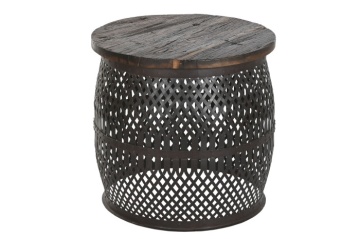 Măsuță laterală din metal perforat cu blat din lemn masiv de mango, 58×58×55 cm, „Malla"