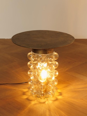 Măsuță laterală iluminată rotundă din metal și sticlă, auriu, cu bază din sticlă cu bule, finisaj antichizat, 45 x 45 cm, „Mirobola” - Img 3