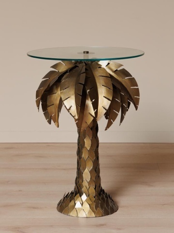 Măsuță laterală înaltă din metal, auriu, cu blat rotund din sticlă și bază în formă de palmier, finisaj antichizat, 73 x 53 cm, „Palm” - Img 2