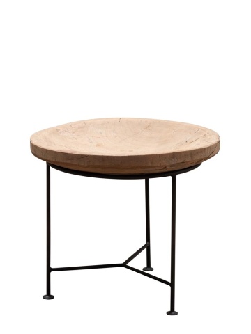 Măsuță laterală rotundă din lemn de acacia și metal, natur, cu blat scobit și trepied negru, 46 x 55 cm, „Surma”