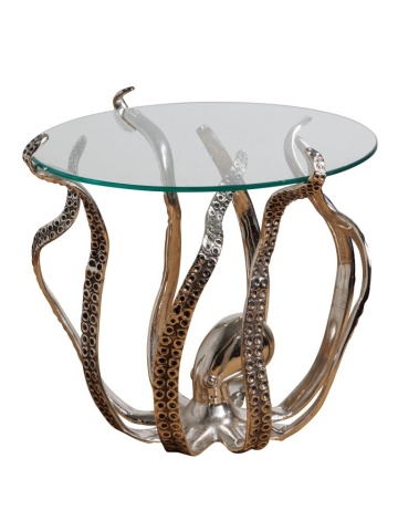 Măsuță laterală sculptată rotundă din aluminiu și sticlă, argintiu, cu bază în formă de caracatiță, 53 x 53 cm, „Octopus”