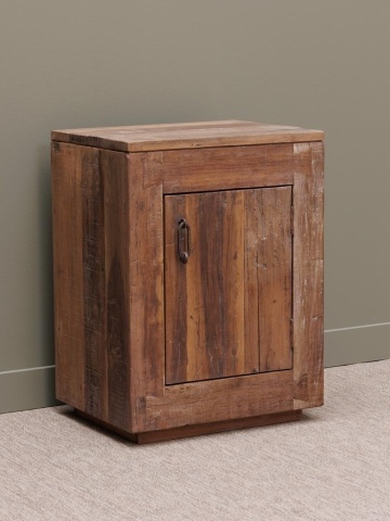 Noptieră rustică din lemn reciclat, maro, cu ușă, raft interior și mâner verigă din metal, pe soclu, 71 x 53 x 41 cm, „Rochehaut” - Img 3