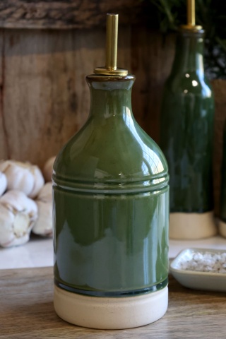 Olivieră din ceramică antichizată verde, pentru oțet , cu dozator metalic auriu, 23×8,5 cm, „Mireille" - Img 2