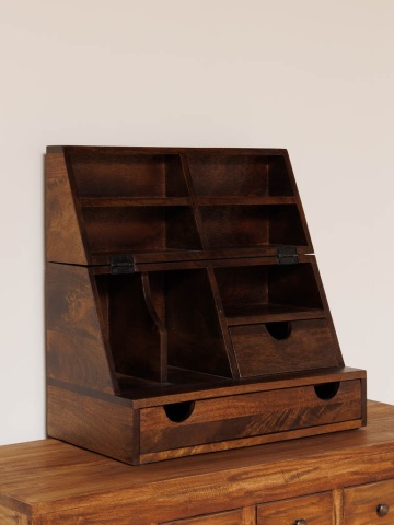 Organizator de birou din lemn de mango, maro, cu 2 sertare, 7 compartimente și capac rabatabil, 55 x 55 x 30 cm, „Oswald” - Img 4