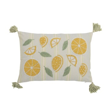Pernă decorativă din bumbac galben cu felii de lămâie brodate și mărgele, 50×35 cm, „Lemon"