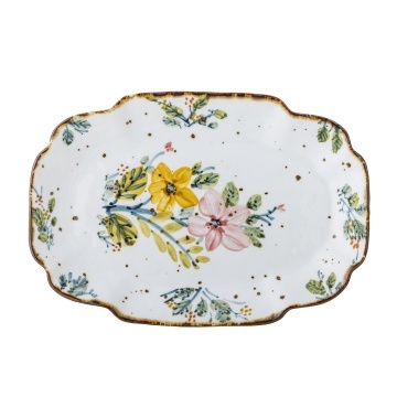 Platou de servire din ceramică artizanală albă cu motive florale roz pictate manual și margine aurie, 31×21×3 cm, "Savina"