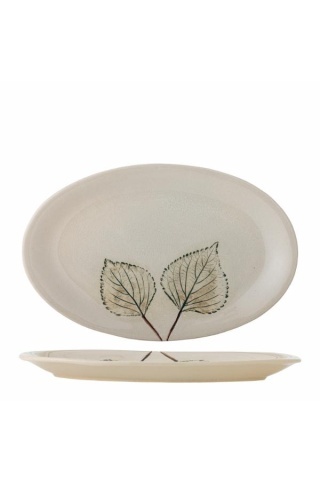 Platou de servire din ceramică artizanală natur cu finisaj antichizat și motive botanice cu frunze, 30×19×2 cm, "Aubrin