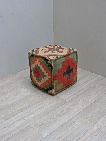 Puf kilim cubic din iută și lână, multicolor, cu romb și cruce în trepte, 40 x 40 x 40 cm, „Indian Kilim” - Img 2