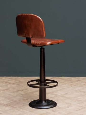 Scaun de bar cu spătar în stil industrial, din piele naturală și metal, maro, cu picior central și inel pentru picioare, 102 x 42 x 48 cm, „Cleveland” - Img 4