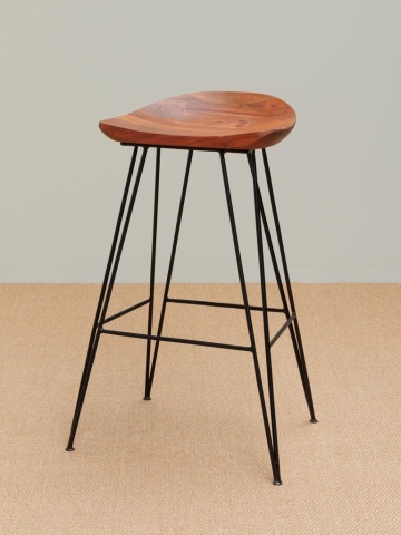 Scaun de bar din lemn de acacia și metal, maro, în stil industrial, cu șezut curbat și picioare tip ac de păr, 80 x 46 x 40 cm, „Mauru” - Img 2