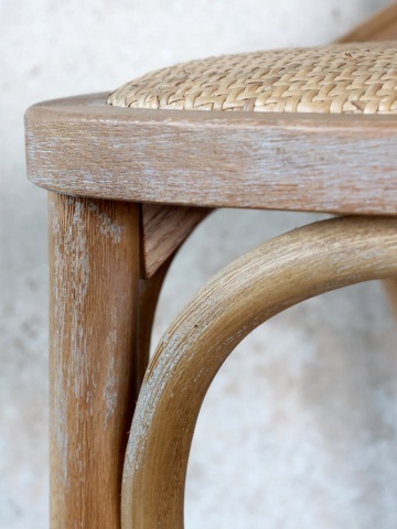 Scaun de bar din lemn de mango și ratan, natur, cu spătar în X și suport inelar pentru picioare, 103 x 51 x 44 cm, „Old French” - Img 5