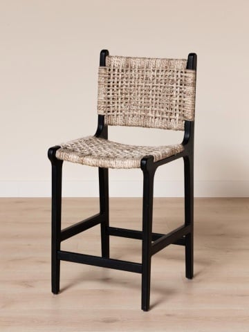 Scaun de bar împletit cu spătar din lemn de acacia și lână, negru, cu traverse pe două niveluri, 100,5 x 45 x 51,5 cm, „Ovira” - Img 4