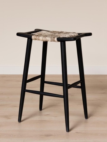 Scaun de bar înalt din lemn de acacia și lână, negru, cu șezut împletit și picioare evazate, 77 x 54,5 x 39,5 cm, „Ovira” - Img 2