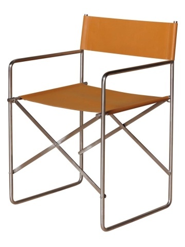 Scaun dining cu brațe din piele naturală și metal, portocaliu, cu cadru tubular argintiu și picioare în X, pliabil, 77 x 52 x 50 cm, „Cuero”