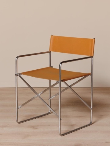 Scaun dining cu brațe din piele naturală și metal, portocaliu, cu cadru tubular argintiu și picioare în X, pliabil, 77 x 52 x 50 cm, „Cuero” - Img 2