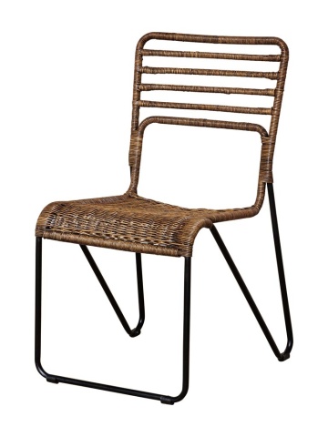 Scaun dining împletit din ratan și metal, maro, cu spătar în bare orizontale și picioare negre, 87 x 42 x 49 cm, „Veracruz”