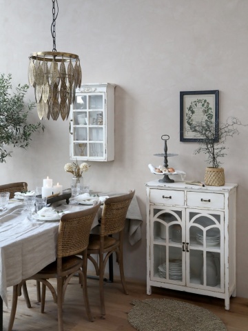 Scaun dining împletit vintage din lemn de hevea și ratan, bej, cu spătar curbat și arcuri din lemn sub șezut, finisaj patinat, 88 x 40 x 45 cm - Img 4