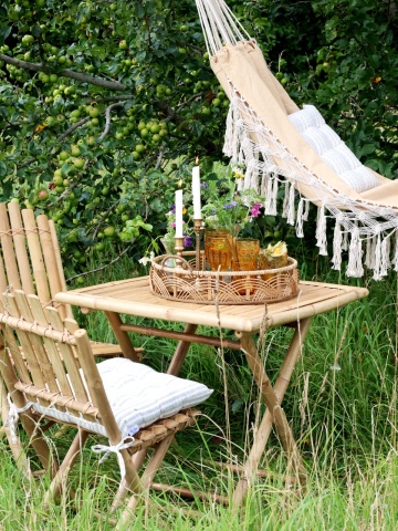 Scaun dining pliabil din bambus, natur, cu spătar din lamele legate în cruce și picioare încrucișate în X, 92 x 50 x 42 cm, „Lombok” - Img 4