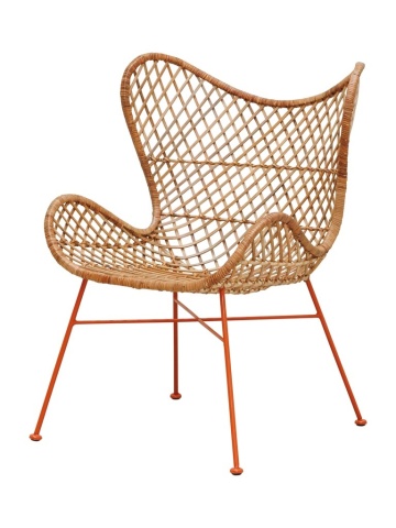 Scaun dining tip fotoliu împletit din ratan, bej, cu spătar în formă de fluture și picioare portocalii din metal, 89,5 x 67,5 x 66 cm, „Tangerine”