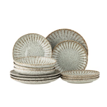 Set 12 piese din ceramică artizanală în nuanțe de verde perlat cu striații și accente rustice, „Fleur"
