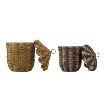 Set 2 coșuri depozitare din iarbă de mare împletită, natur, cu capac și dungi verticale, 37x50 cm și 32x43 cm, „Cikkeline" - Img 2