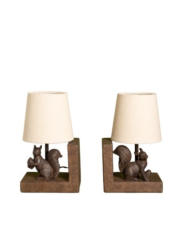 Set 2 lămpi de masă din bumbac bej, cu structură din rășină maro în formă de veveriță, finisaj patinat, 28×31×13 cm, „Squirrel"