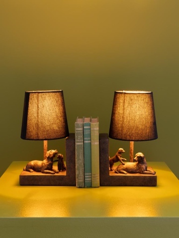Set 2 lămpi de masă din bumbac negru, cu structură din rășină maro în formă de câine, finisaj patinat, 28×31×13 cm, „Compagnon" - Img 4