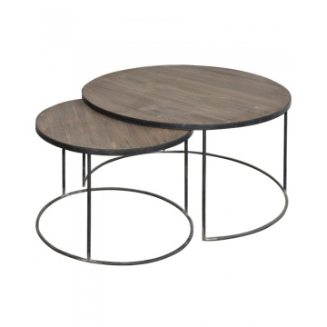 Set 2 măsuțe de cafea rotunde din lemn masiv și metal, natur, cu ramă neagră și inel la bază, 40 x 70 cm, „Brooklyn” - Img 2